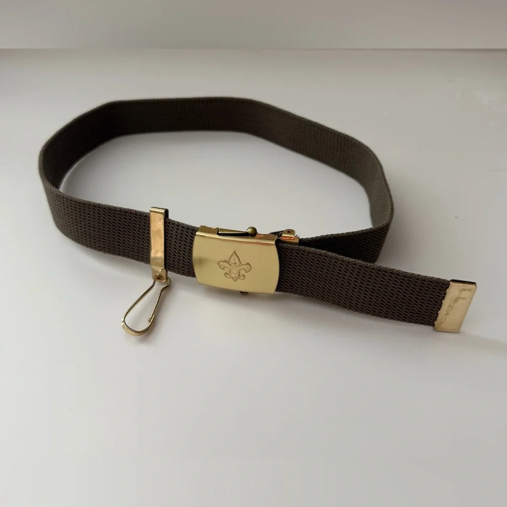 BSA Boy Scouts Vintage Brass Buckle Green Uniform Belt w/Knife Holder - Size S/M